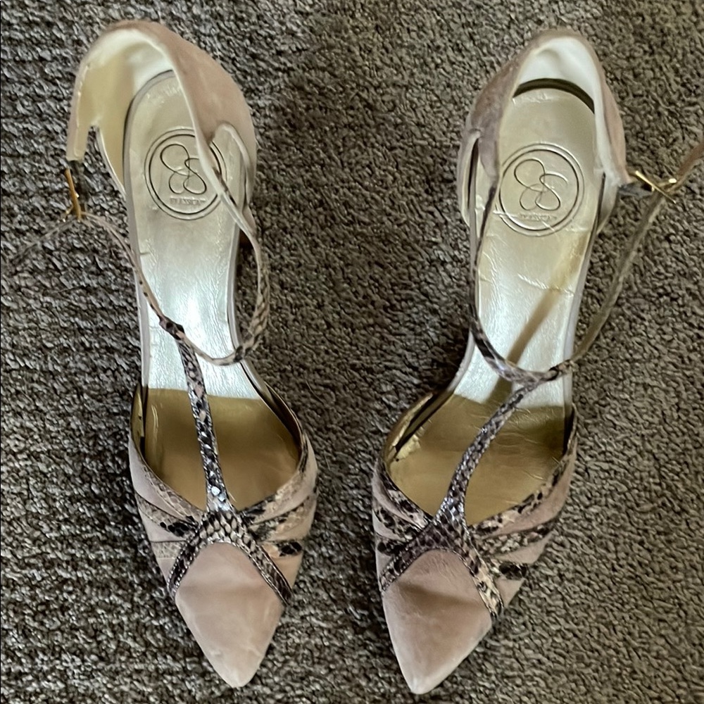 Elegant Strappy Heels in Taupe and Snake Print
